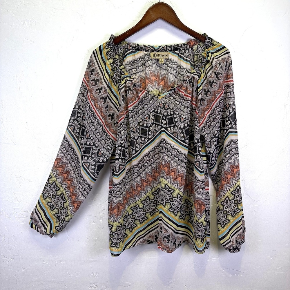 Democracy Woman's Tunic Blouse Size L Earth Tones Aztec Boho Chic Sheer Bohemian